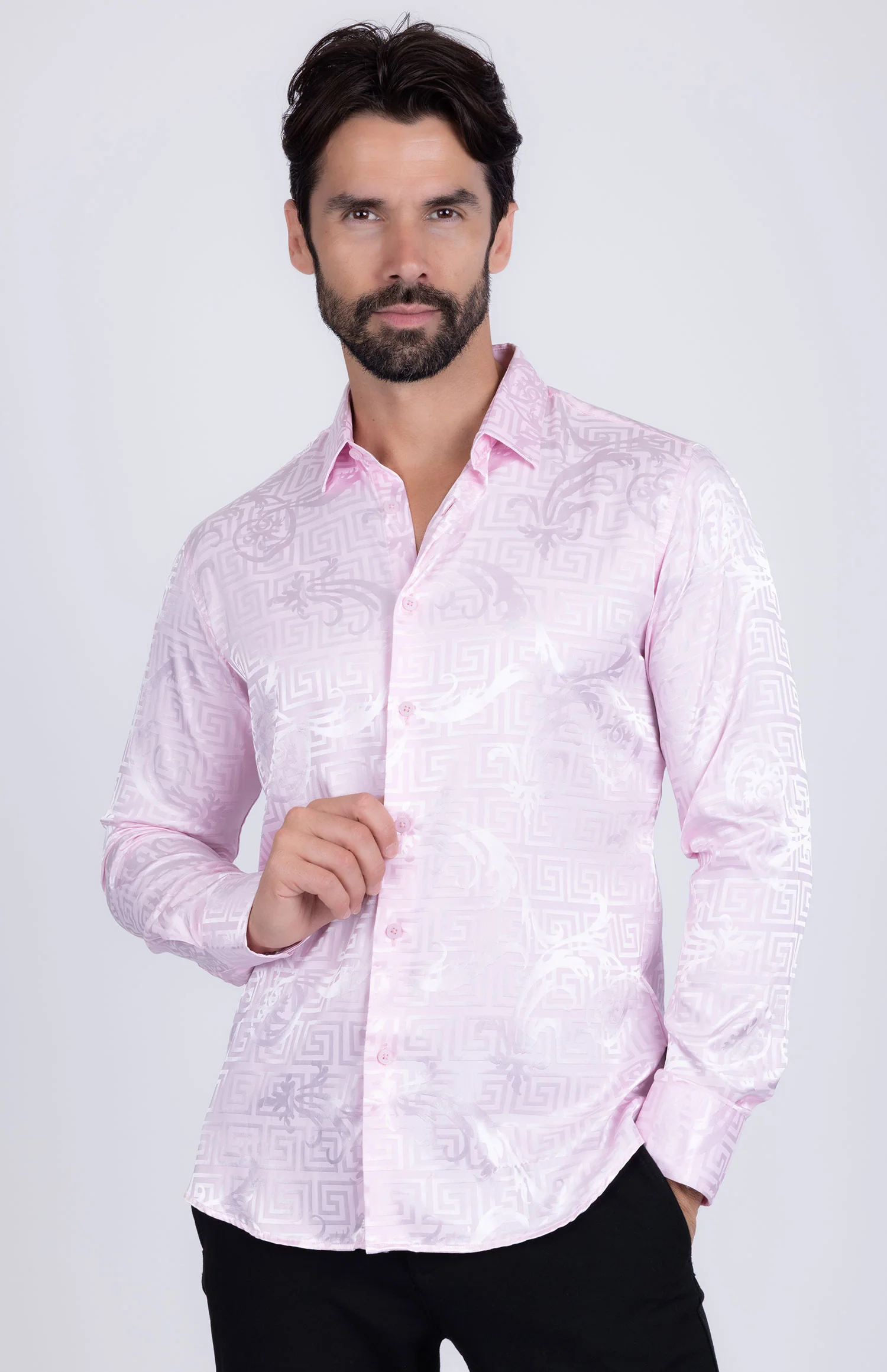 Greek Key Jacquard Long Sleeve Shirt - Image 6