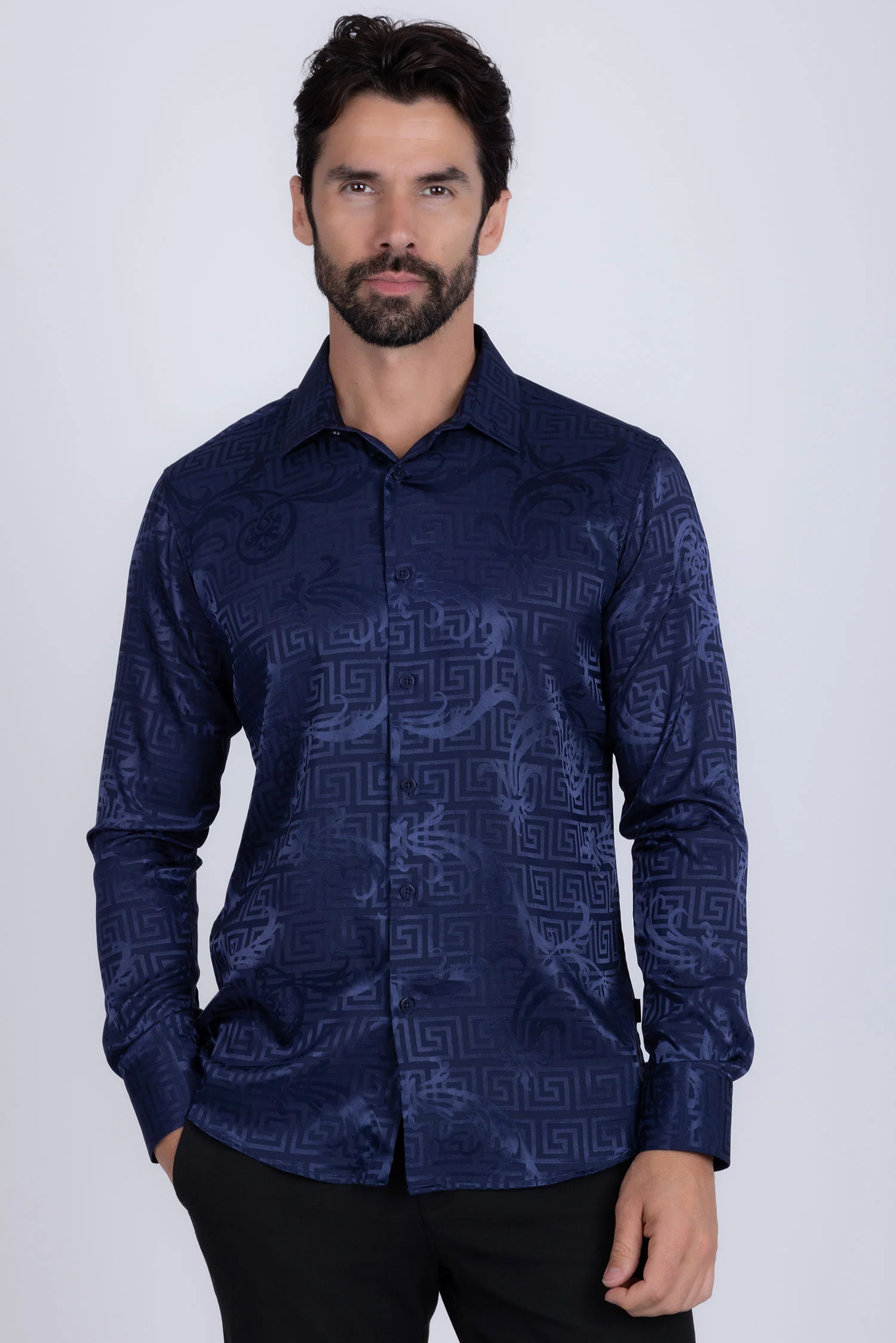 Greek Key Jacquard Long Sleeve Shirt - Image 8